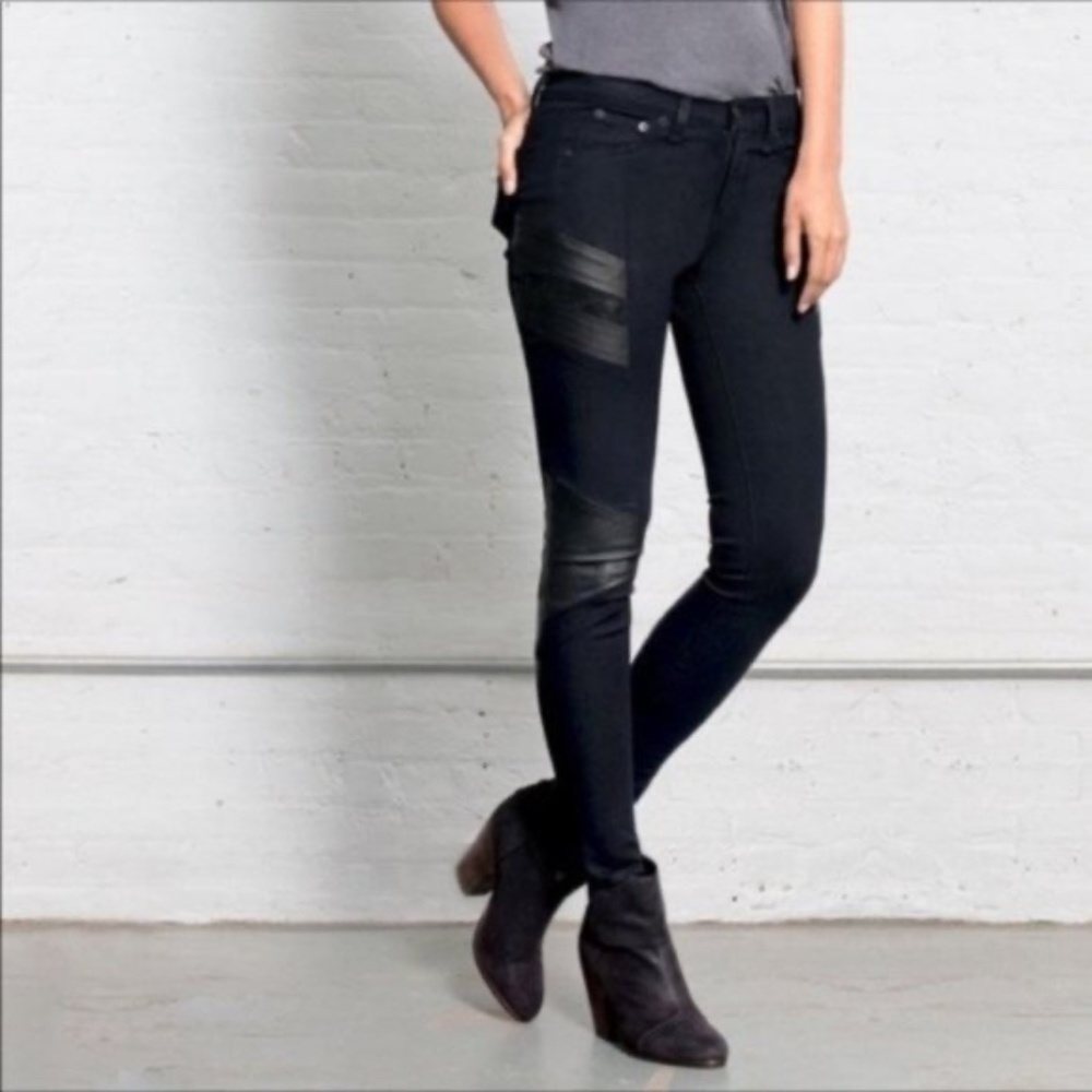 Rag & Bone Black Denim and Leather Skinny Moto Style Jean Size 25